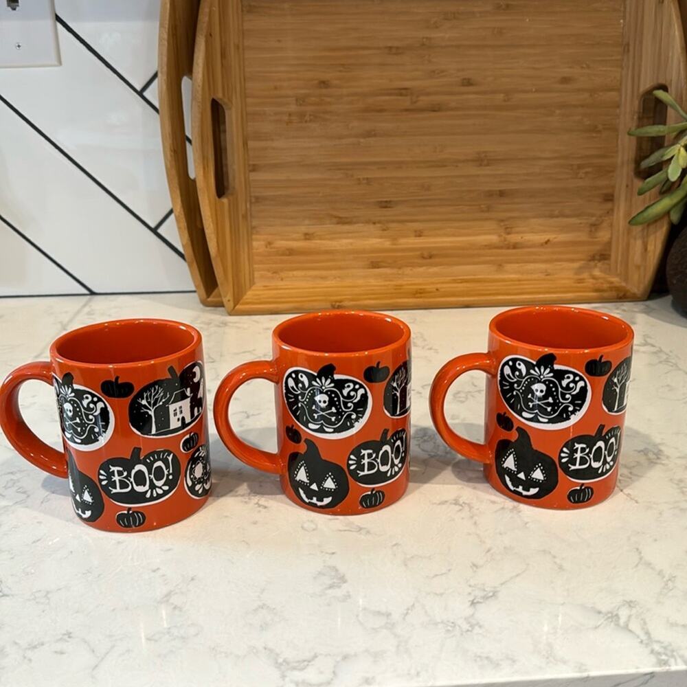 Crate & Barrel Halloween mugs BOO PUMPKINS Orange Black 14 oz x4